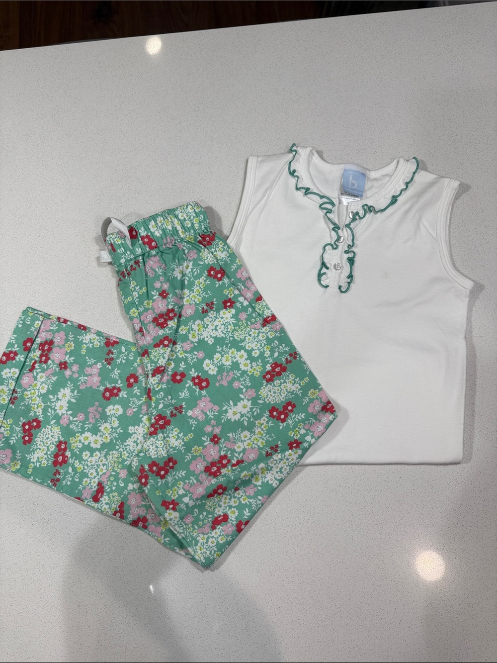 Bella Bliss Girls White Ruffle Tank with Mint Floral Pant Set